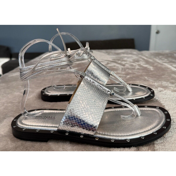 Michael Kors Jagger Metallic Snake Embossed Leather Ankle Wrap Sandal Womens 7.5 - Picture 1 of 8